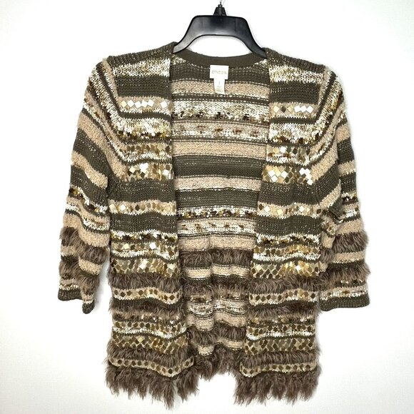 Chicos Greta Cardigan Multi Textured Mirror Sequins Wool Boho Festive, Size 1 - Picture 1 of 10